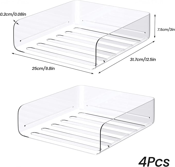Tomorotec 4 Pack Clear Stackable Letter Tray, A4 Desk File Organizer Set | Durable PET Anti-Skid Base For Home, School Or Office Document Paper Storage. Side Load Access Design, Portrait