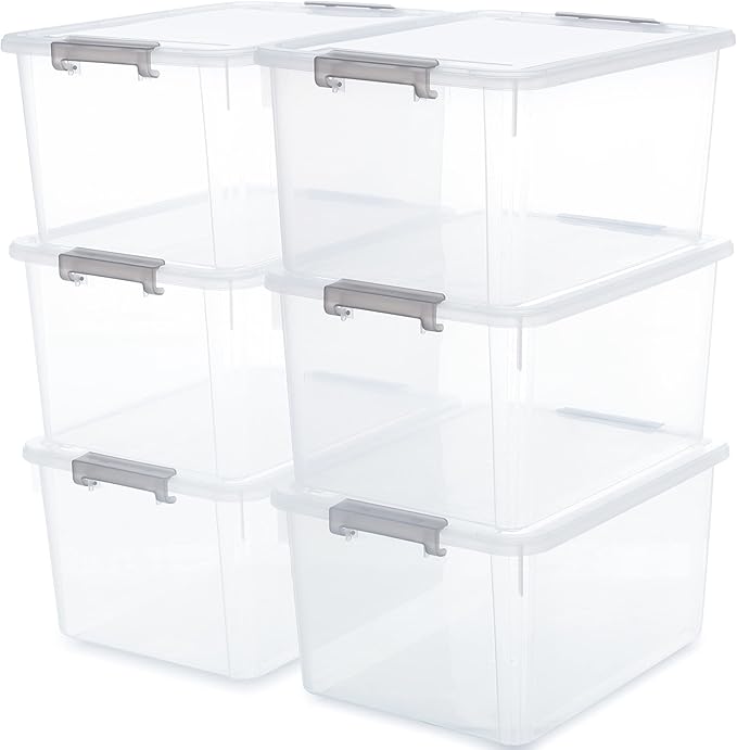 Citylife 6 Packs 32 QT Plastic Storage Bins with Lids Large Stackable Storage Containers for Organizing Clear Storage Box for Garage, Closet, Kitchen