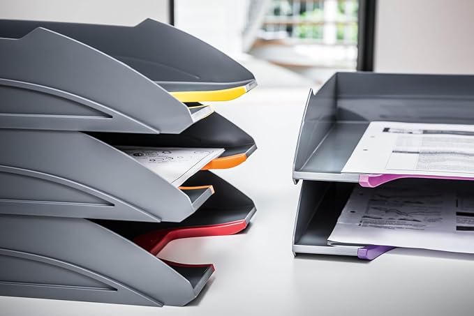 Durable VARICOLOR Gray Letter Tray - Set of 5 Stackable Color Coded Letter Trays - Letter Size Files - Perfect for Storing Documents and Paper Work