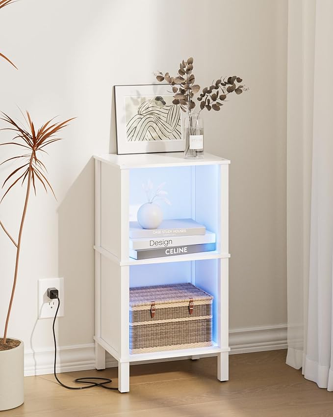 Bookshelf with LED Lights, Modern 2-Tier Bookcase, Open Storage Book Shelf, 11 × 14.2 × 27.4 Inches, Small Narrow Bookshelves for Living Room, Home Office, Bedroom, White