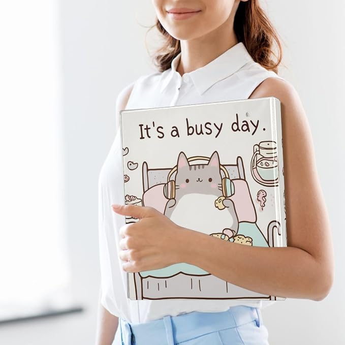 Funny Cute Cat Chill Lazy Kitty Binder 1.5 Inch Binder with Clipboard&Pockets, Hardcover Binders 3 Ring, Heavy Duty Large File Folder for Office School Supplies - Holds 200 Sheets