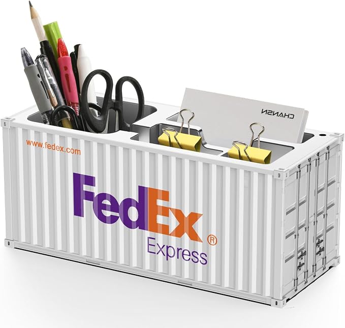 Desk Organizer, Pen Pencil Holder, Business Name Cards Holder, Shipping Container Model Storage Box, Secret Storage Box with Multiple Compartments Office Supplies Multi-function (FedEx)