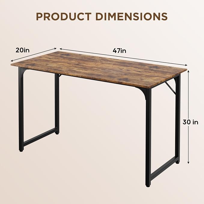 PayLessHere | 47 Inch Computer Desk | Brown | Sturdy Office Desk | Metal Frame, Adjustable Feet | Water-Resistant, Scratchproof Surface | Writing Table for Home Office or Study | Pack of 1