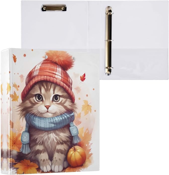 SPRIPORT Fall Cat 1.5 Inch 3 Ring Binder Holds 200 Sheets for Office Supplies Durable PVC Round Ring Binder with Interior Clear Pockets 3 Ring Notebook Binder for Man Woman Home Work