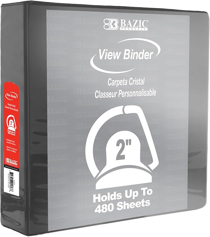 BAZIC Products 2" Black 3-Ring View Binder, Slant-D Ring, 2 Pockets | 2 inside pockets, 2 in Black view 3-ring binder, slant-D rings, holds up to 480 sheets, Durable poly cover, 2 Pockets