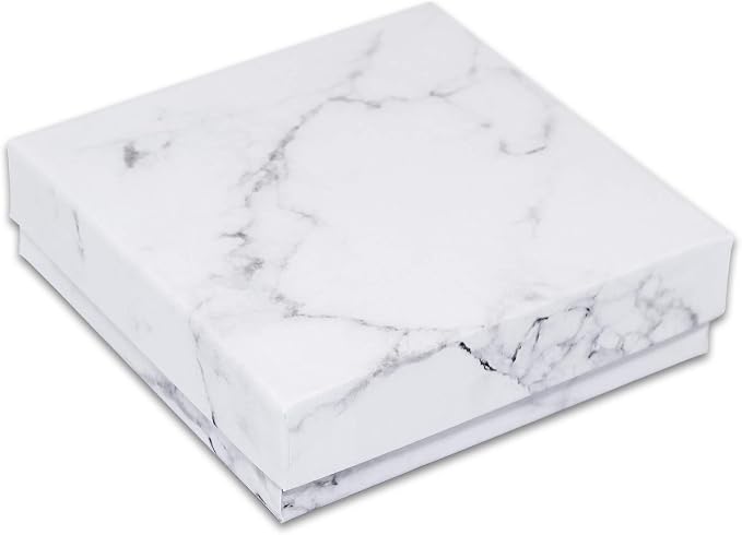 TheDisplayGuys 100 Cardboard Jewelry Gift Boxes with Inserts - Marble White | Size #33 - 3.5" x 3.5" x 1.0", Lids, Cotton Filled Padding, Kraft Paper, Bulk Pack Case, for Shipping, Organizers, Storage
