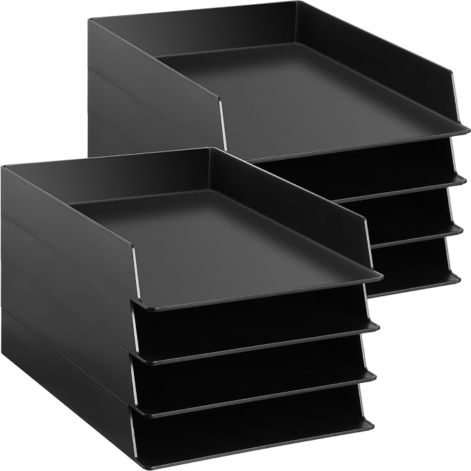 8 Pcs Stackable Paper Trays Rectangular Plastic Desk Holder Desktop Document File Organizer Storage Letter for Office Classroom (Black)