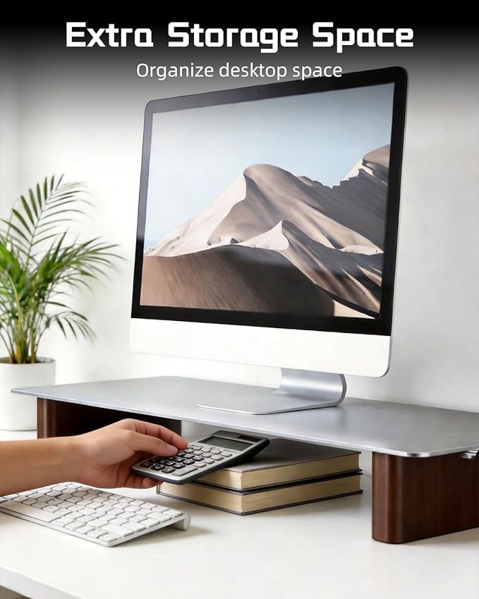 Aluminum Monitor Stand Riser, Ergonomic Desktop Shelf with Wooden Legs - 23.6” Wide Heavy Duty Computer Stand for Home Office, Universal Desktop Monitor Riser for PC, iMac, MacBook, Laptop