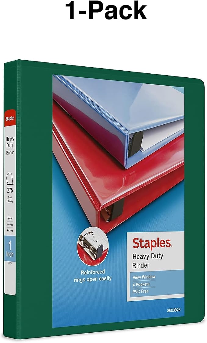Staples Heavy-Duty 1-Inch D-Ring View Binder, Reinforced Spine, Holds Up to 275 Sheets, Green, for Office & School