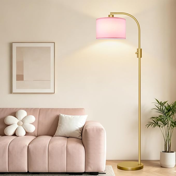 Nintiue Dimmable Floor Lamp, 1200 Lumens LED Edison Bulb Included, Arc Gold Floor Lamps for Living Room Modern Standing Lamp with Pink Linen Shade