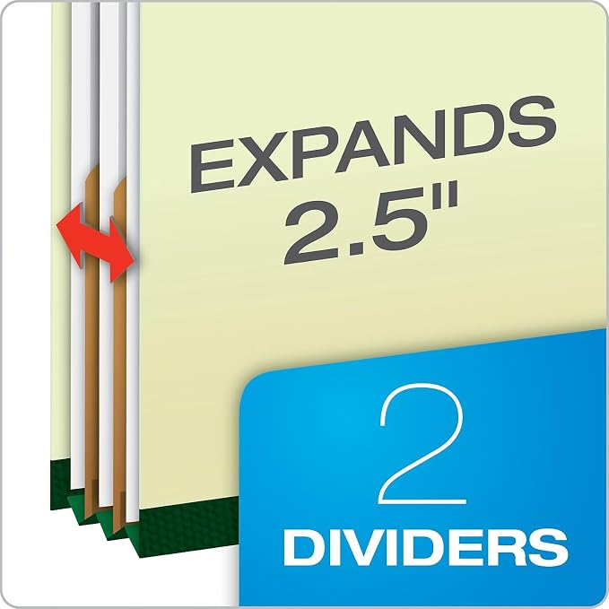 Pendaflex Pressboard Classification File Folders, 2 Dividers, 2" Embedded Fasteners, 2/5 Tab Cut, Legal Size, Light Green, Box of 10 (17176EE)