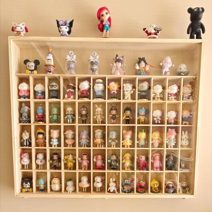 51Grid Wooden Display Case with Acrylic Door,24.33x2.76x29.45 inches | Wall Mounted,for Tabletop Figure and Toy Model Collection Shelf