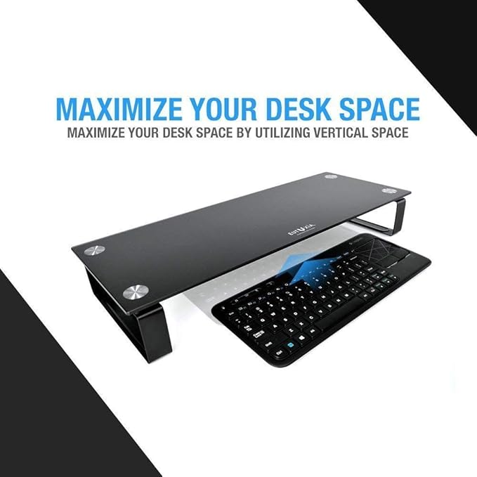 Type-S Black Tempered Glass Monitor Stand, TV, Laptop, Computer, All-In-One Desktop, Printer Riser [21.75 x 8.25 x 3.25 Inches]