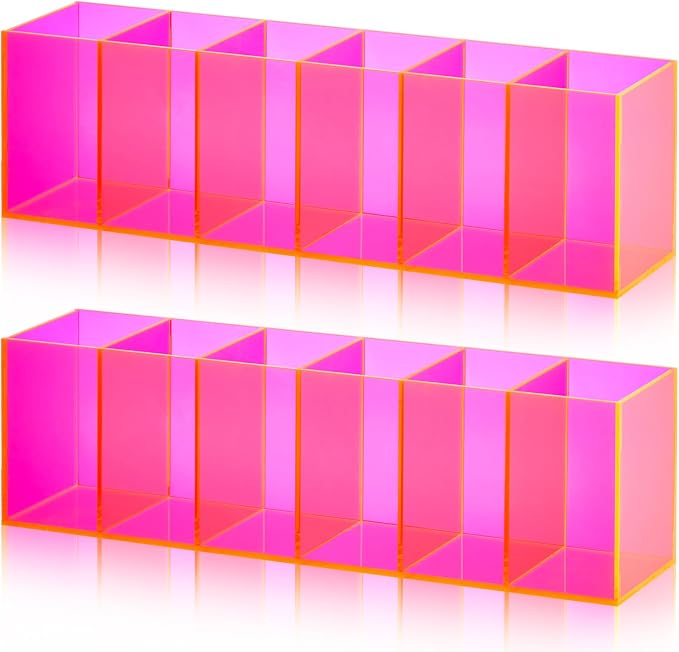 2 Pack Acrylic Makeup Brush Holder 6 Compartments Pencil Organizer Cup Pencil Holder for Desk Pen Organizer Storage Box for Accessories Cosmetic Brushes Office Bathroom Kitchen Supply (Pink)