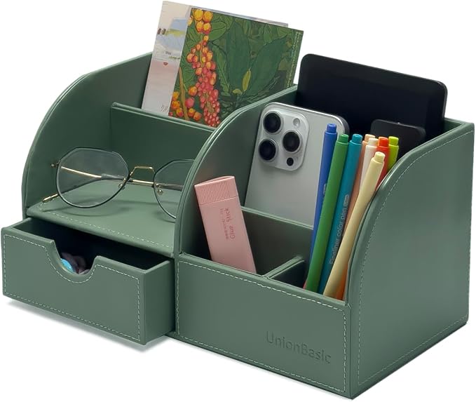 UnionBasic Desk Organizer - Multifunctional Leather Desktop Pen Holder Storage Box - Business Card/Pen/Pencil/Mobile Phone/Stationery Holder, Malachite Green