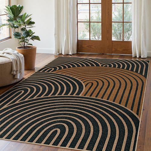 Lahome Mid Century Modern Easy Jute Rug, 5x7 Black and Brown Washable Rugs