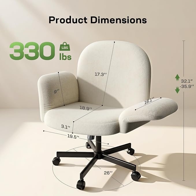 Marsail Criss Cross Office Chair with Adjustable Armrests & Wheels, Vanity Chair with Wide Cushion, Reclining Back, Soft Chenille Fabric, Desk Chair for Home Office, Makeup Room, Bedroom, White