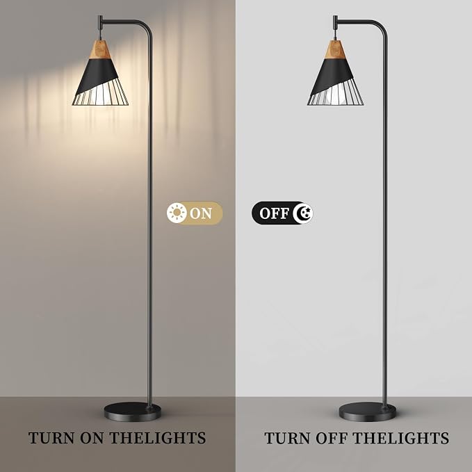 67" Industrial Floor Lamp with Wood & Black Metal Shade, Modern Standing Lamp, Rustic Farmhouse Tall Lamp for Living Room Bedroom Office, 2700K Bulb & Foot Switch Included (Black + Remote Control)
