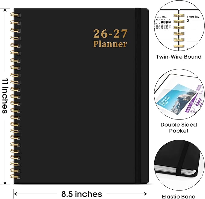 Taja Planner 2026-2027, 8.5" x 11" Calendar Planner, Jul 2026-Jun 2027 | Letter Hardcover Weekly & Monthly Academic Year Planner, Large Planning Agenda With Tabs, School & Office Supplies, Black