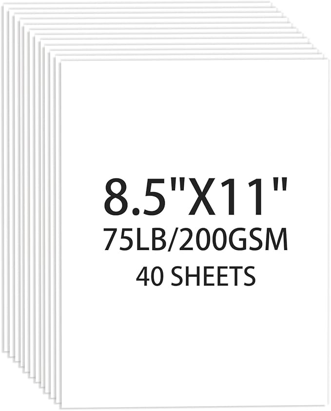 White Cardstock 8.5 X 11, 40 Sheets Card Stock, 75lb/ 200gsm Copy Paper, Cardstock Printer Paper For Art, Drawing, Invitations, DIY Cards, Watercolor, Craft, Construction, School & Office Supplies