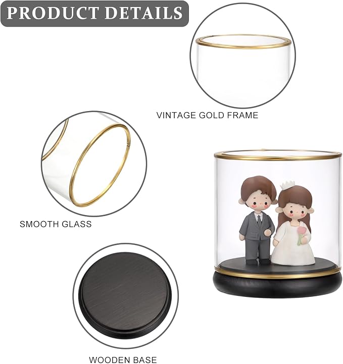 Hipiwe Vintage Display Case Clear Collectibles Showcase with Black Wooden Base Gold Frame Keepsake Box for Plants Action Figurine Models, Cylinder, 4 x 4 x 4.3 Inch