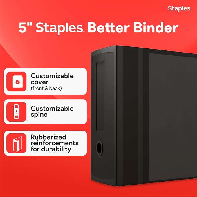 Staples Better Binder, 5 Inch D-Ring, Black, Reinforced Spine | High-capacity 3-ring binder holds up to 1,050 sheets for bulk storage.
