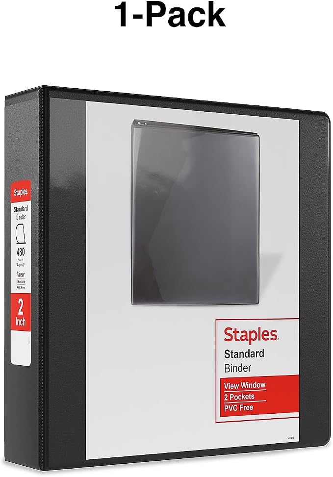 Staples Standard 2-Inch D-Ring View Binder, Holds Up to 480 Sheets, Black, Durable 3-Ring Binder for Office, School & Home