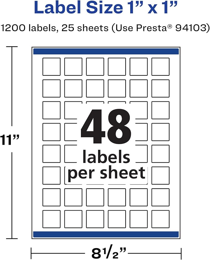 Avery® Matte White Removable Square Labels, Sure Feed® Technology, Print-to-The-Edge, 1" x 1", 1,200 Removable Labels, Laser/Inkjet Printable