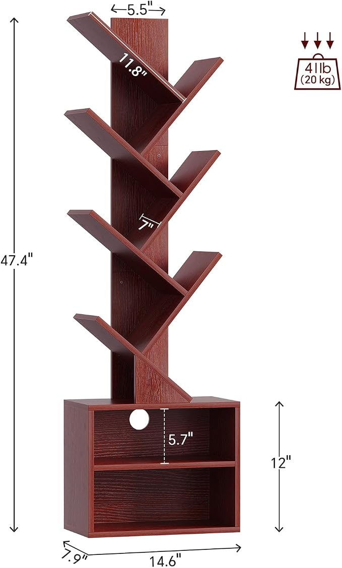 SUNMORY 6 Tier Tree Bookshelf, Tall Small Bookcase with Storage Cabinet | Narrow Bookshelves Organizer, Floor Standing Book Case Shelf for Bedroom Living Room Home Office Corner, Cherry