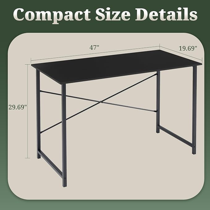 48 Inch Computer Desk, Writing Desk for Home Office Study Workspace | 265 lb Capacity, Reinforced X-Frame, Waterproof MDF Top, Scratch-Resistant Surface, Easy Assembly, Black
