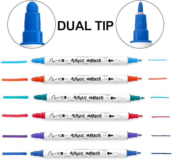 TRANSON 12 Color Bold and Fine Dual-tip Acrylic Paint Pen Set for Canvas Rock Wood Leather Ceramic DIY Painting