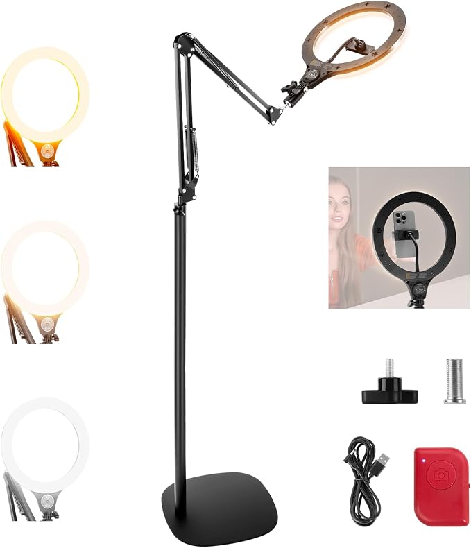 NEEWER Entry Level Version 10.5" 10W Ring Light with 46"-63" Stand, Overhead Phone Holder Mount Compatible with iPhone, Bi Color LED Selfie Lighting CRI85+ for TikTok Video Recording Streaming, N44