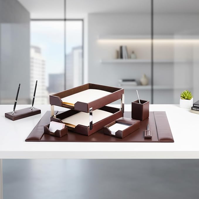 Dark Brown Bonded Leather 9-Piece Desk Set