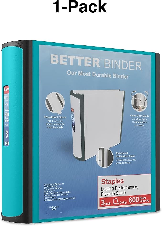 Staples Better Binder, 3-Inch 3-Ring View, Light Blue, 2-Pack | Durable binder for office and school document organization and storage.