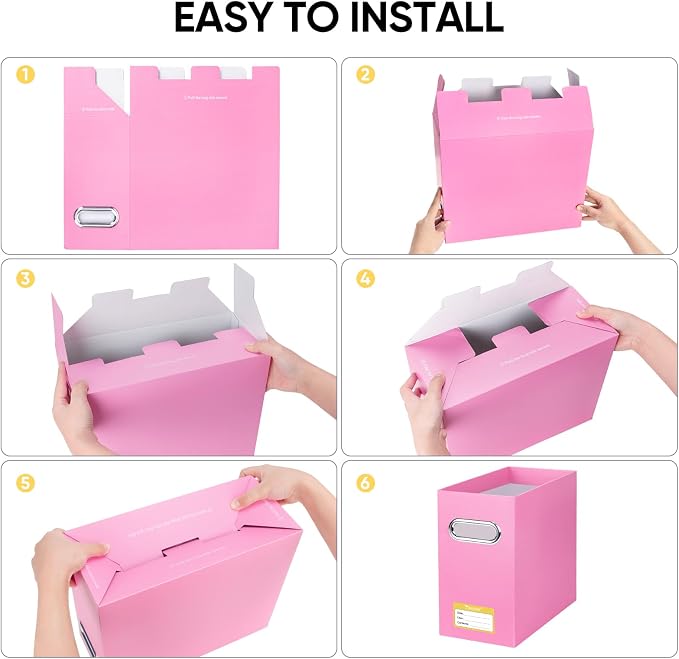 BALEINE 4PK File Organizer Box, Cardboard File Folder Organizer with Handle | Strong Corrugated Paper Core, Label Stickers for Identification, Hanging File Folder Organizer, Home Office Document Storage
