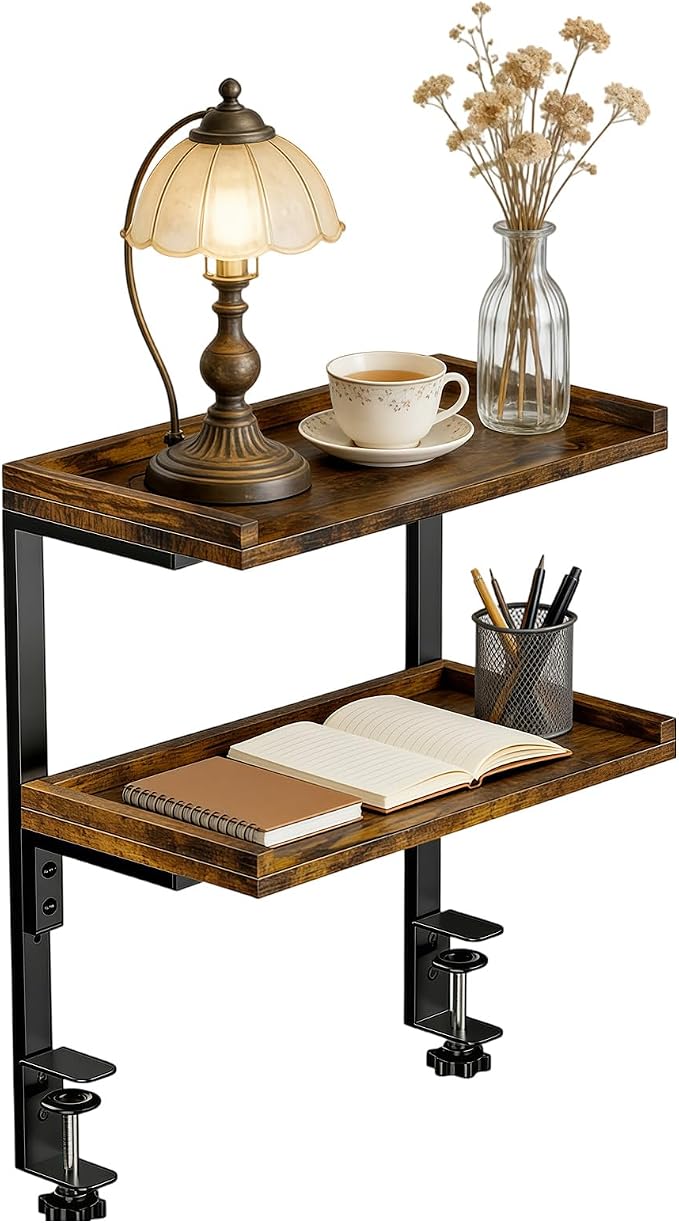 Clamp on Desk Shelf,2-Tier Office Desk Shelves Organizer, Expandable Under Desktop Storage,Wood Desktop Storage Rack for Home Workspace, Study Rooms,Gaming Devices (Brown)