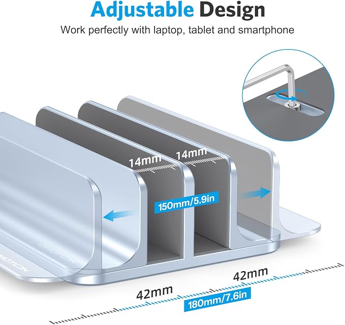 OMOTON Dual Vertical Desk Laptop Stand Holder, Fits MacBook Air, Sky Blue | Aluminum Laptop Storage Rack for Desk, Adjustable Dock for Up to 17.3 in. Gaming Laptop, Space-Saving Desk Organizer