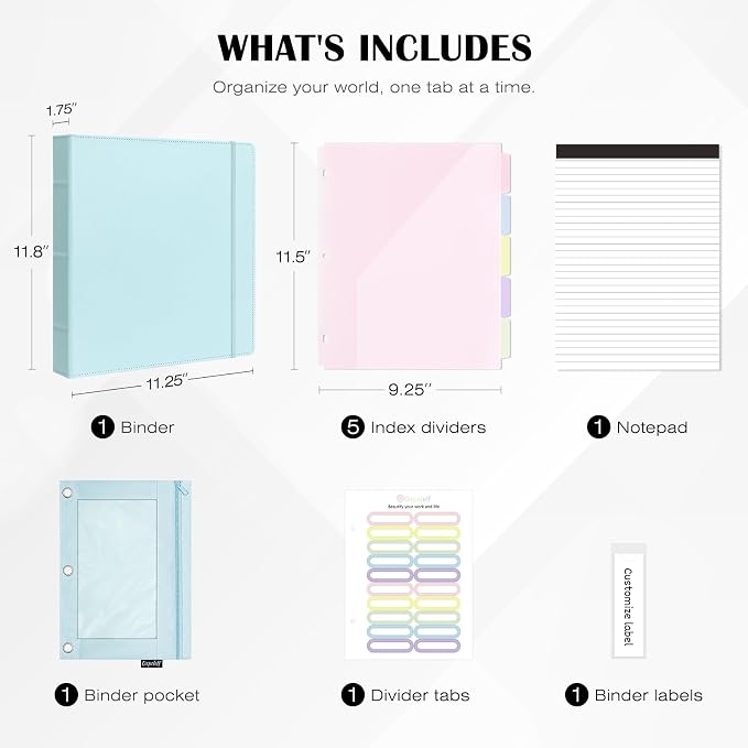 Ospelelf Leather 3 Ring Binder for Letter Size Documents with Pocketed Storage Dividers, Pencil Pouch & Notepad, 1 Inch Round Rings, Holds 175 Sheets, for Office School Home Organization, Light Blue