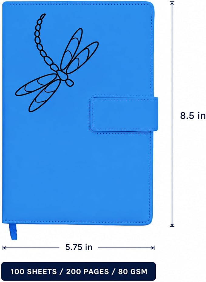 The Amazing Office Dragonfly Refillable Journal, Light Blue Faux Leather, 200 Lined Pages, 5.75x8.5 Inch Notebook with Magnetic Clasp and Pen Holder, Writing Diary for Women and Men