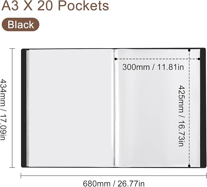 A3 Plastic Presentation Book with 20 Pockets, 2 Pack | PP Material Clear Sleeves Project Folder, Portfolio Organizer for Documents, Artwork, Office & School Supplies (Black)