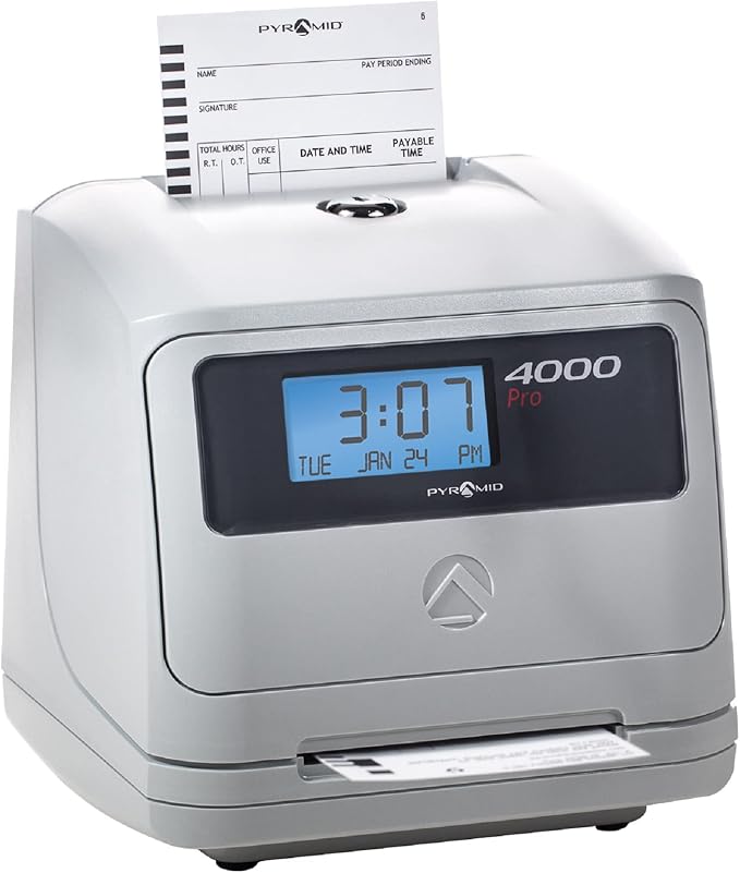 Pyramid Time Systems - Model 4000 Auto Totaling Time Clock - Silver | Electronic Time Punch Clock for Small Business, Includes 25 Time Cards, Ribbon, 2 Security Keys (7.25"h x 7"w x 6.75"d)