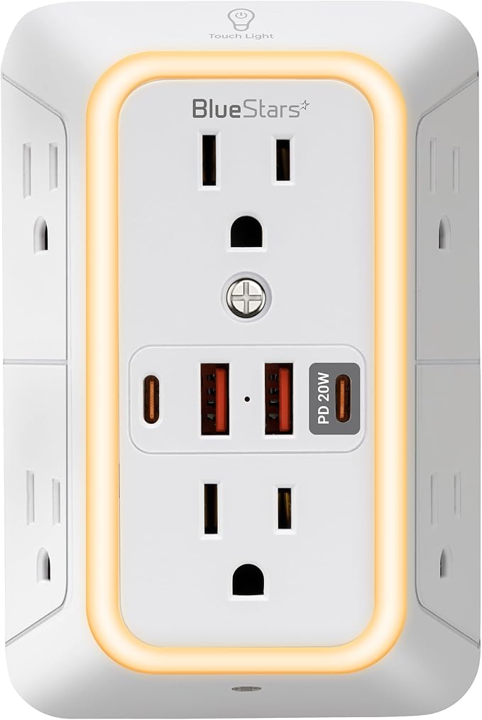 Surge Protector Outlet Extender, 6 Outlets & 4 USB Ports with Fast Charging Type C PD 20W, Night Light, 3-Sided Power Strip, Multi Plug Wall Charger for Home, Office, Travel, Cruise Ship