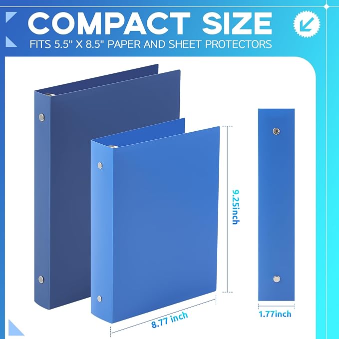 Henoyso 1.5 Inch 6 Pack Mini 3 Ring Binders for 5.5"x8.5" Paper,Blue | Holds 280 Sheets, Plastic Small Binders, Round Three Rings, Flexible PP Covers, School Office, Photo Album Planner Journal