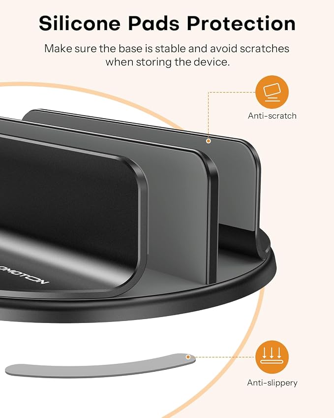 OMOTON 360° Vertical Laptop Stand Holder, Dual-Slot Aluminum Desk Organizer | Sides Knob Adjustment (No Lost Screws), Fits MacBook, iPad, Phones, and Tablets, Non-slip silicone, up to 17.3"
