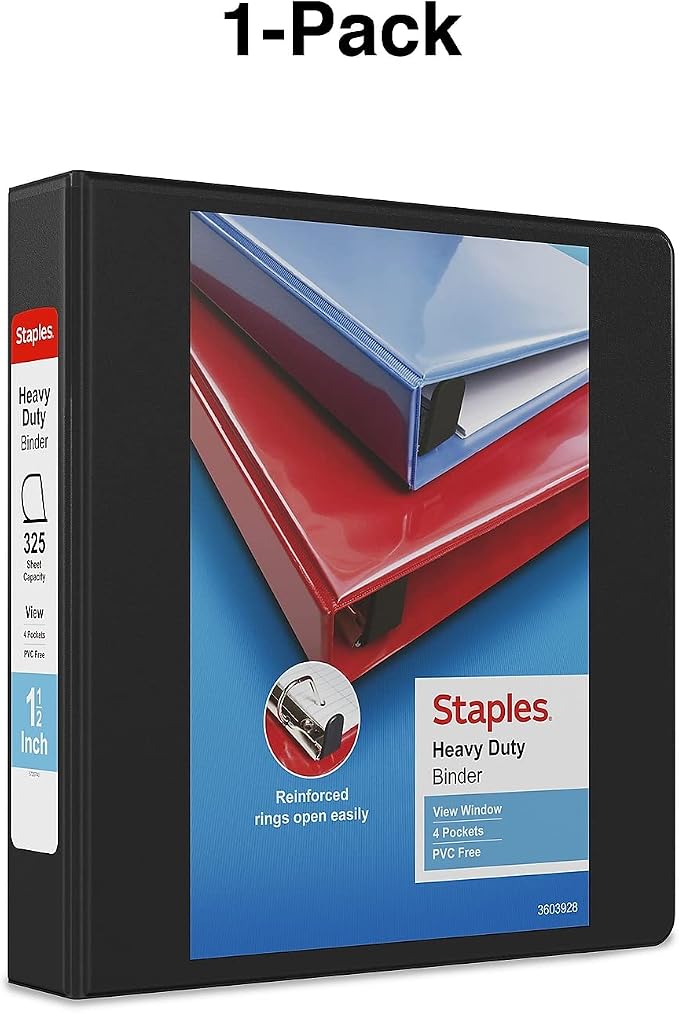 Staples Heavy-Duty 1.5-Inch D-Ring View Binder, Black, 350 Sheets | Reinforced spine for durable everyday school and office storage.