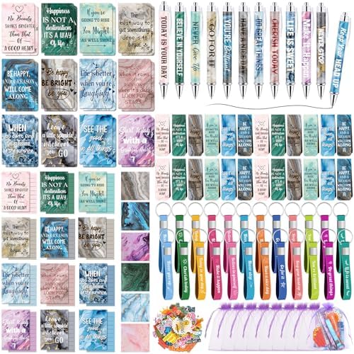 Pasimy 218 Pcs Inspirational Stationery Gifts Motivational Mini Notepad Pen Quote Bookmarks Stress Relief Stickers Inspiring Silicone Keychains for Home Office Appreciation Gift(Marble)