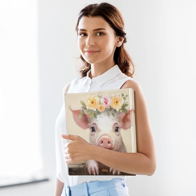 SPRIPORT Cartoon Pig Flower Crown 1.5 Inch 3 Ring Binder Holds 200 Sheets for Office Supplies Durable PVC Round Ring Binder with Interior Clear Pockets 3 Ring Notebook Binder for Woman Man Home Work