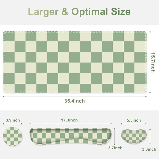 Large Gaming Mouse Pad Set, 4 in1 Ergonomics Keyboard Desk Mat with Memory Foam Wrist Rest, Extended Game Mousepad, Non-Slip Desk Pad Matt Easy Typing Pain Relief I Green Checkered