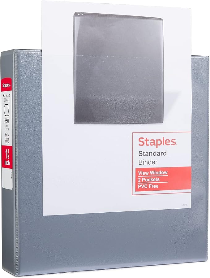 Staples Standard 1 1/2" 3-Ring View Binder, Gray