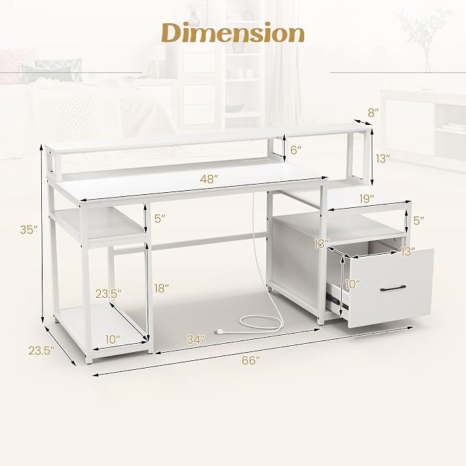 GIANTEX Computer Desk with Drawer, 66 Inch Computer Workstation with Charging Station, Monitor Stand, Printer Cabinet, CPU Stand & File Drawer, Gaming Table Writing Desk for Bedroom, White